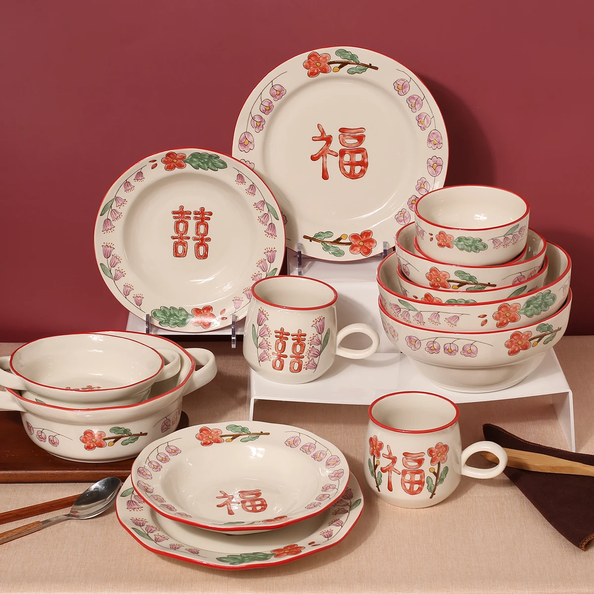 Wholesale Ceramic Dinnerware Pate Set Chinese Retro Stoneware Tableware And Pot For Wedding