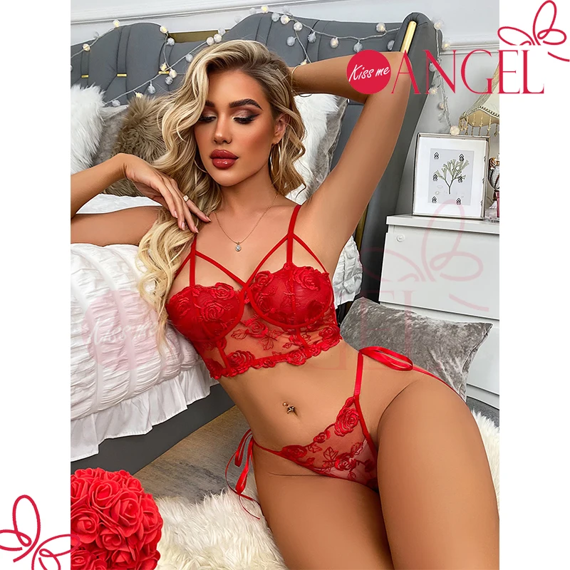 KISS ME ANGEL pretty design hollow out g-string lacing transparent sexy bra panty set hot fashion show lingerie underwear