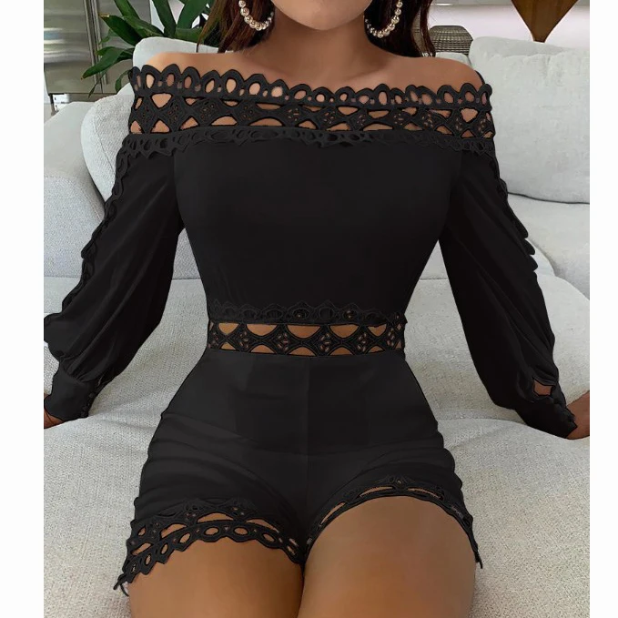 2021 Skinny Hollow Long Sleeve Jumpsuit Lace Tunic Long Sleeve Jumpsuit