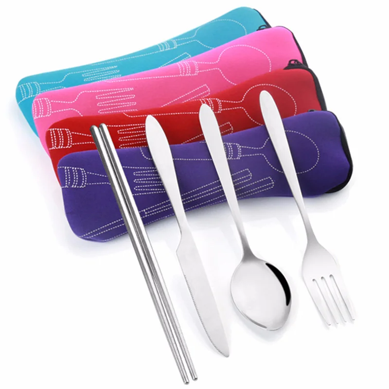 Reusable Portable Travel Tableware Carrying Bag Knife Fork Chopsticks Neoprene Zipper