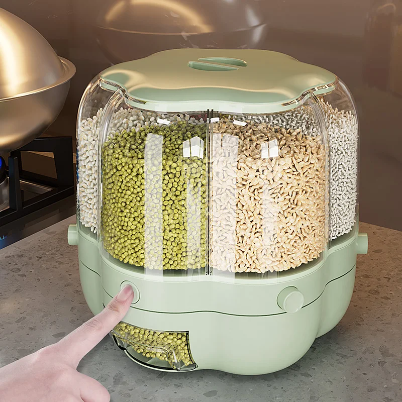 Hot Sale Moisture-proof Cereal Dry Food Rice Storage Container 180° Rotatable Grain Dispensers with 6 Grids Rice Bucket for Home