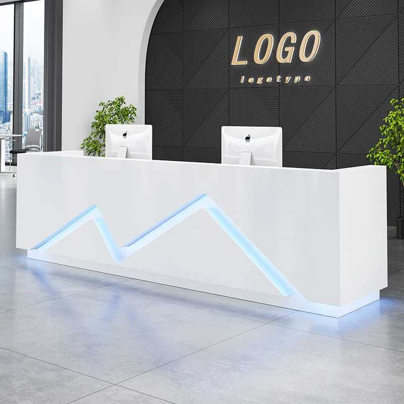 Custom Modern Solid Surface Led Front Counter Hotel Salon Spa Cashier White Wood Standing Reception Desk With