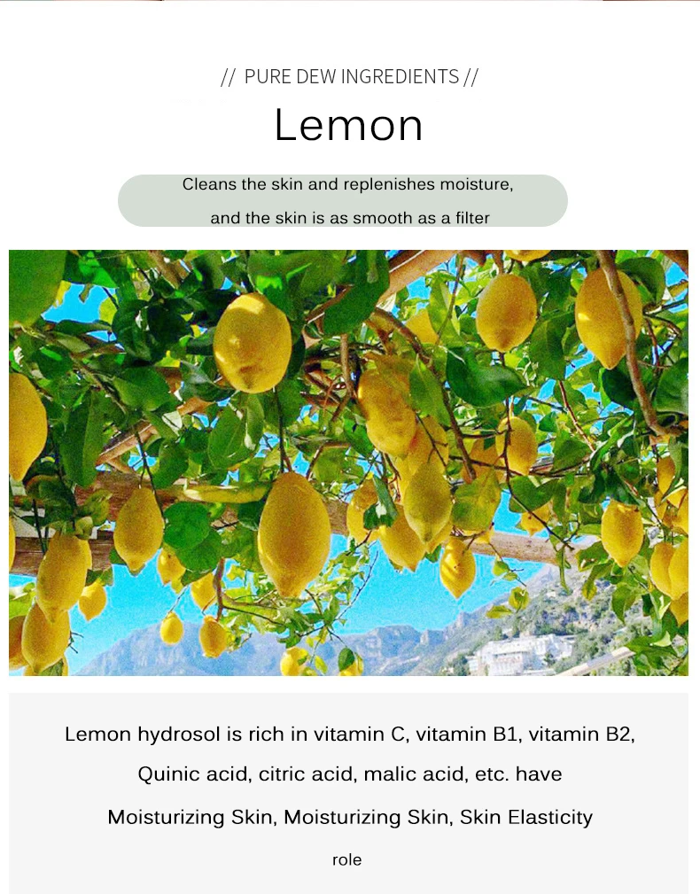 Natural fruit acid whitening, moisturizing and brightening lemon hydrosol