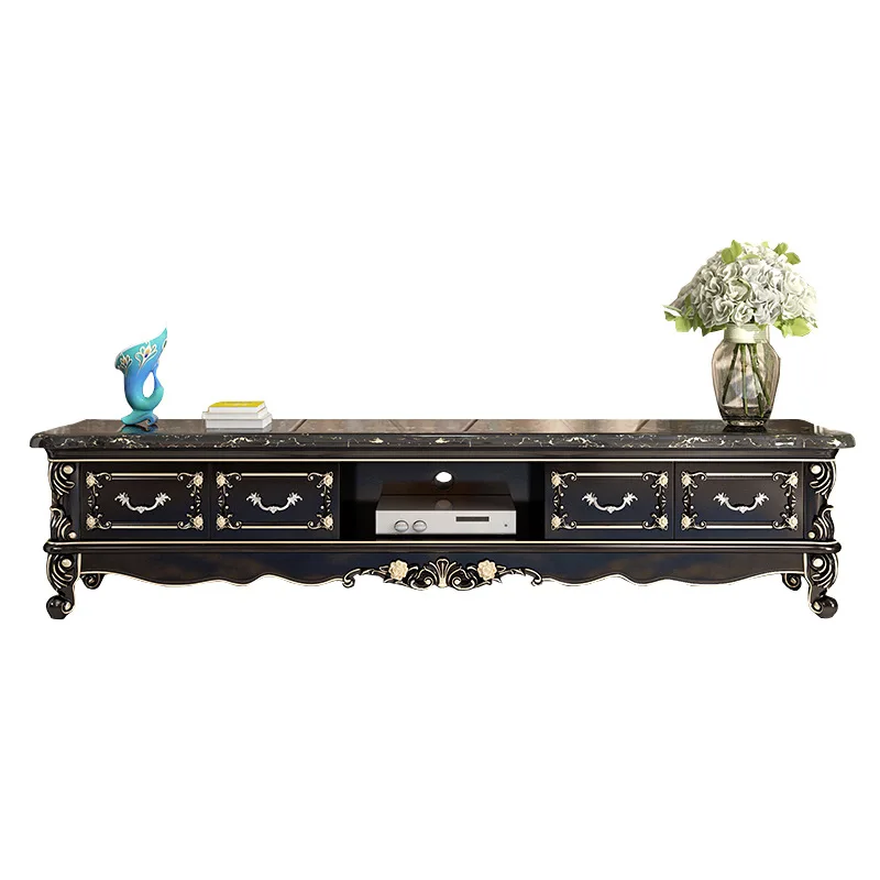 Luxury European 6-Drawer TV Stand Solid Wood Cabinet Set with Marble Top & Ebony Paint Carving Living Room Bathroom Villa