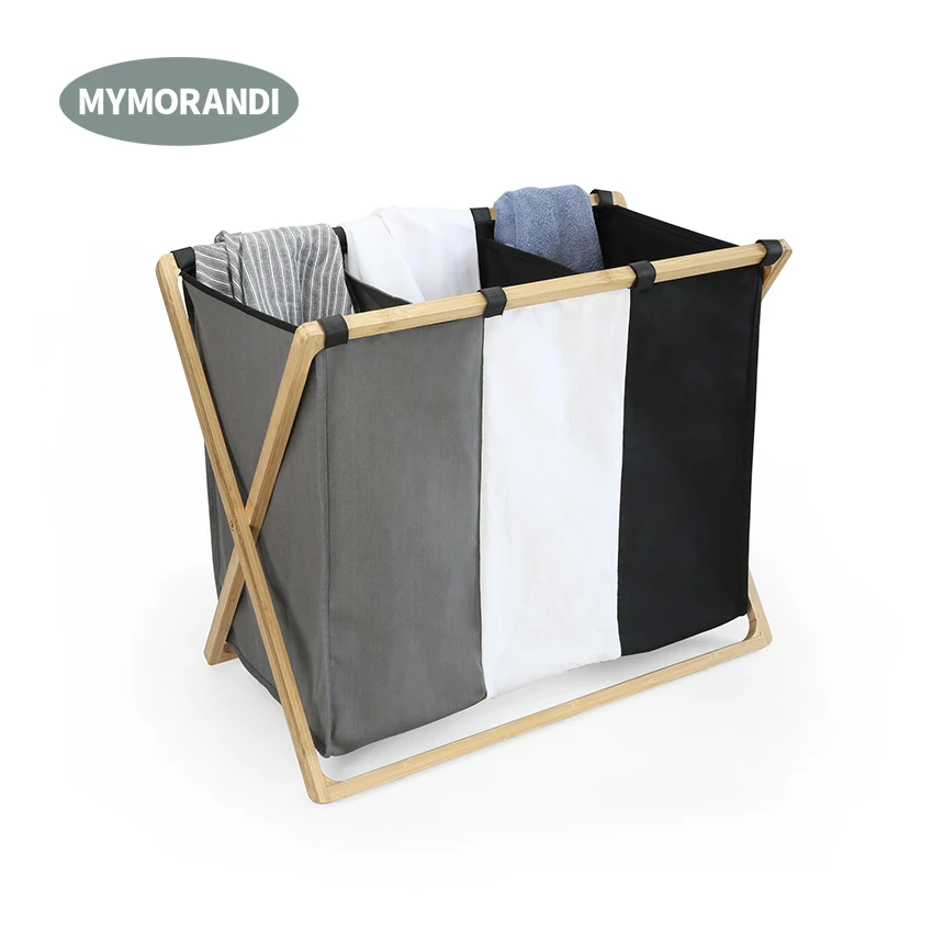 X-Shape Bamboo Frame laundry basket 3 compartments Collapsible Laundry Bag Dirty Laundry Sorter Basket Hamper
