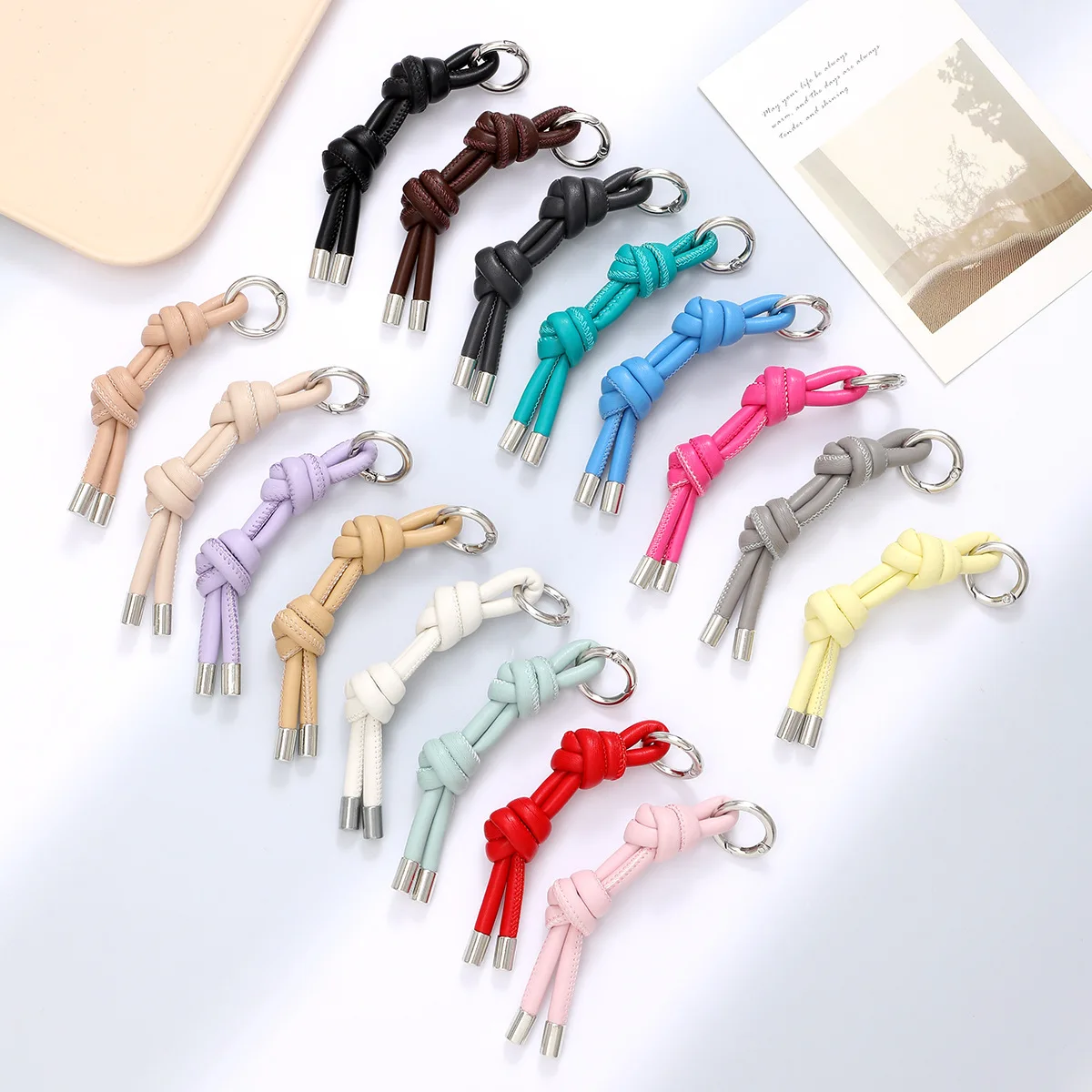 Fashion PU Leather Rope knot Key Ring Cute Bag Mobile phone case pendant Charm Keyrings Luxury woven rope PU Leather Keychain