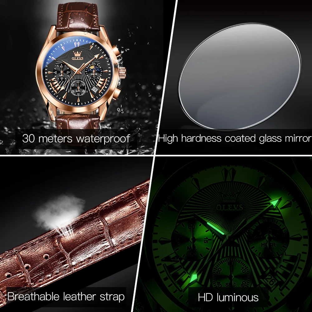 OLEVS Luxury Leather Brown Chronograph Watches for Men Quartz Wholesale Supplier Brand Wristwatches