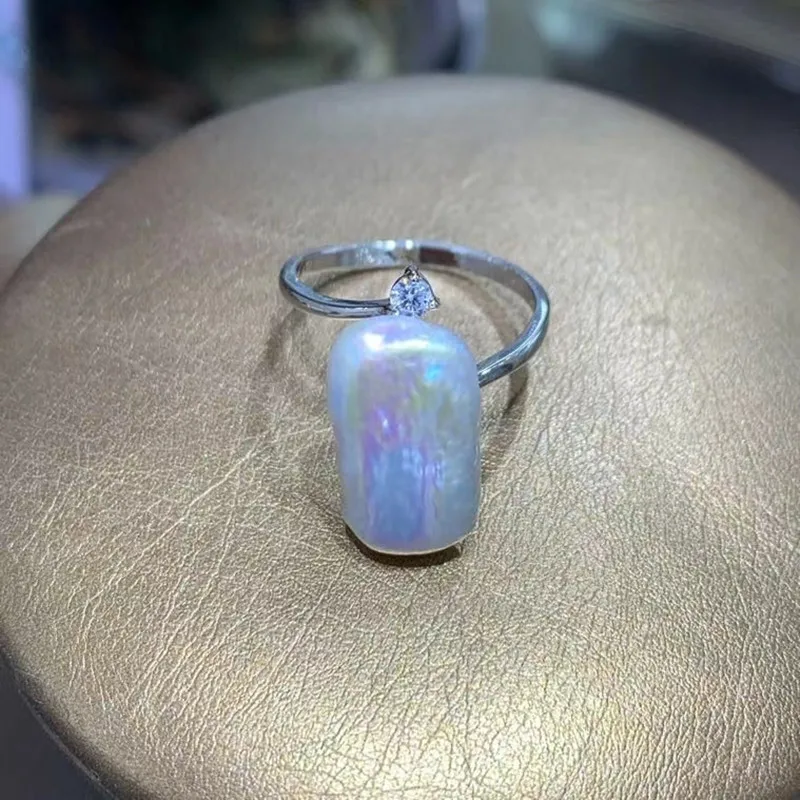 Adjustable size oblong natural white fresh water baroque pearl ring
