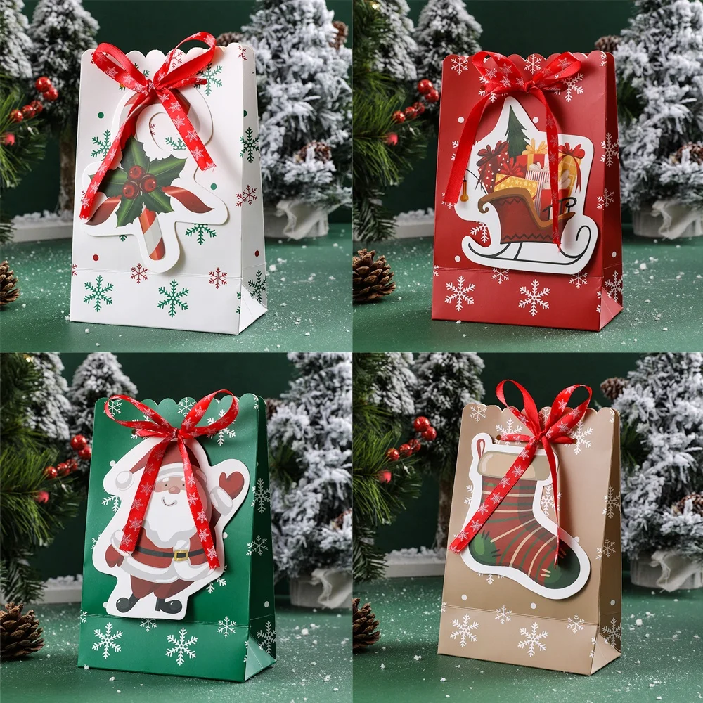 Christmas Themed Ribbon Paper Cookie Gift Bags Candy Sweet Packaging Bag for New Year Merry Christmas Xmas Party Package