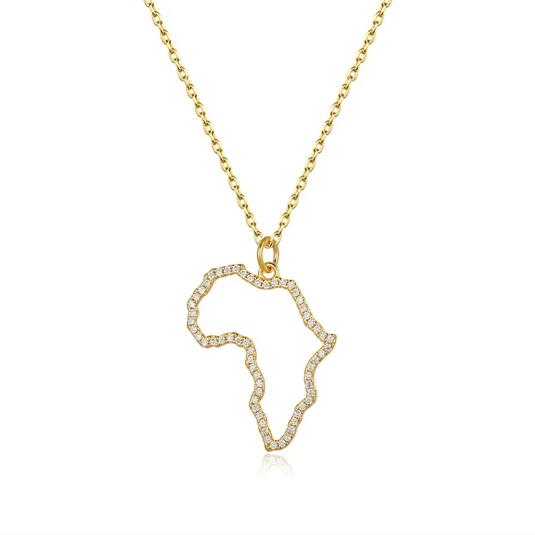 925 Sterling Silver Africa Map Necklace Gold Plated Custom Zircon Map Pendant Necklace