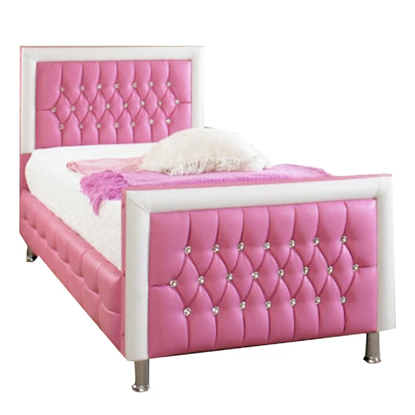 Customized  headboards luxury single size pink color  diamond girl bedroom furniture  faux soft PU leather single double bed
