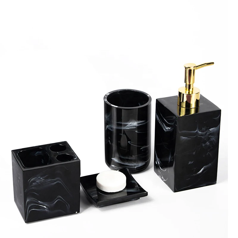 Custom logo luxury polyresin marble sandstone wooden bathroom accessories set good quality