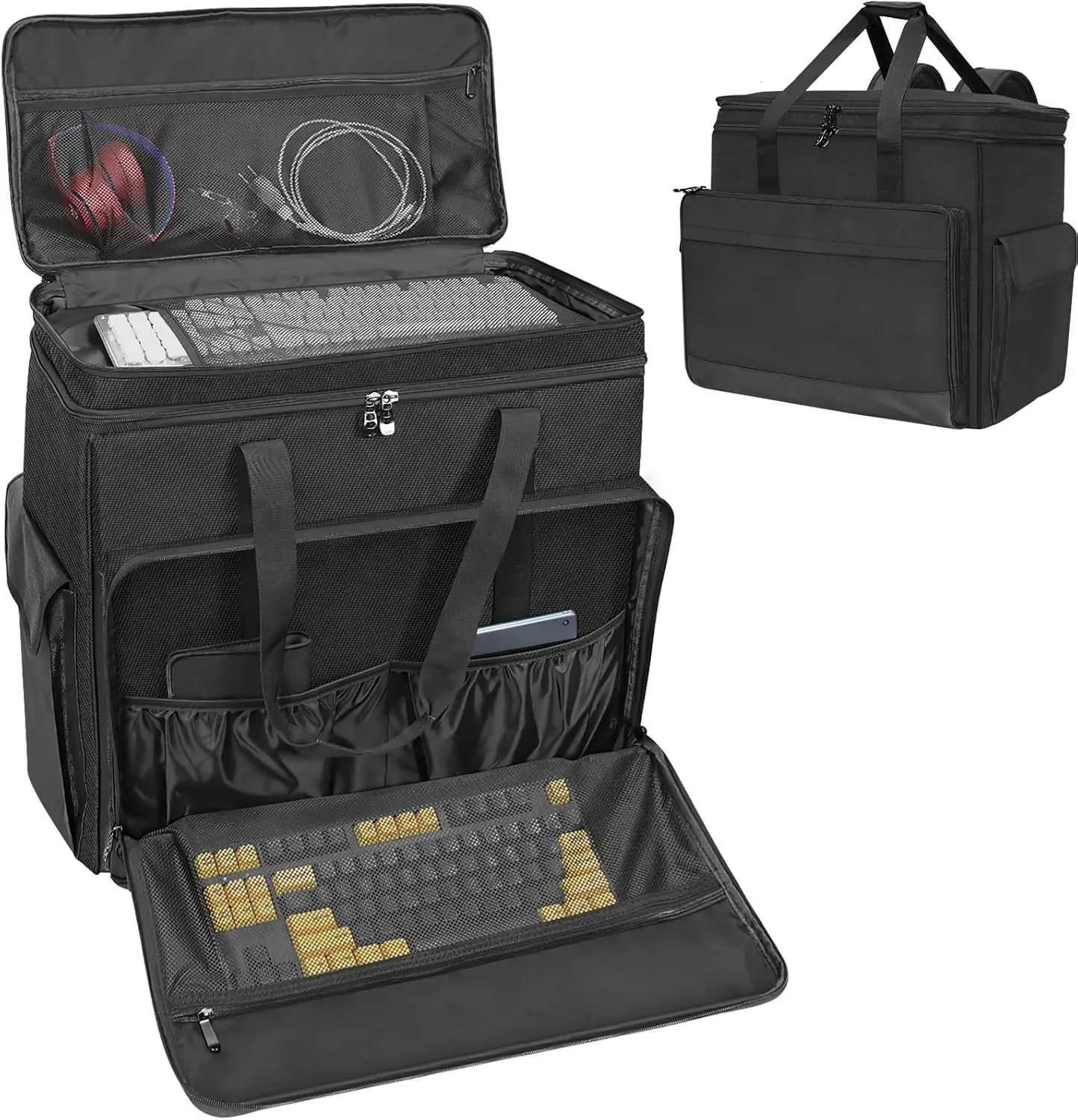 Double Layer Computer Tower Carrying Case Desktop Computer Travel Storage Bag for PC Chassis Keyboard Cable Mouse Accessories