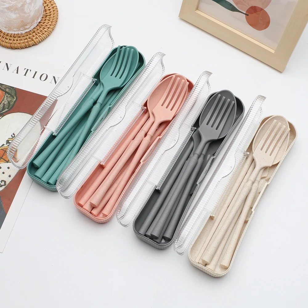 Vertical Wheat Straw Tableware Set Knife Fork Spoon Chopsticks Four-piece Student Outdoor Portable Tableware