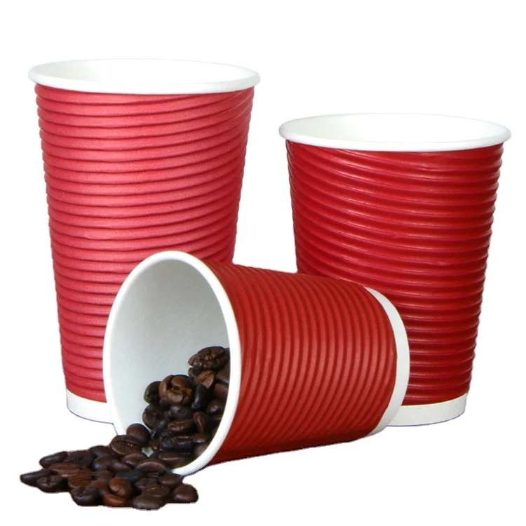 Food Grade Eco-friendly 8oz 12oz 16oz party Paper Cup Ripple Wall Disposable Red Black with Lids