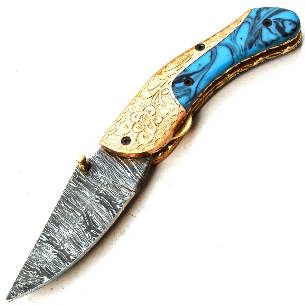 
 Складной/карманный нож ручной работы из дамасской стали с ручкой из листа смолы  