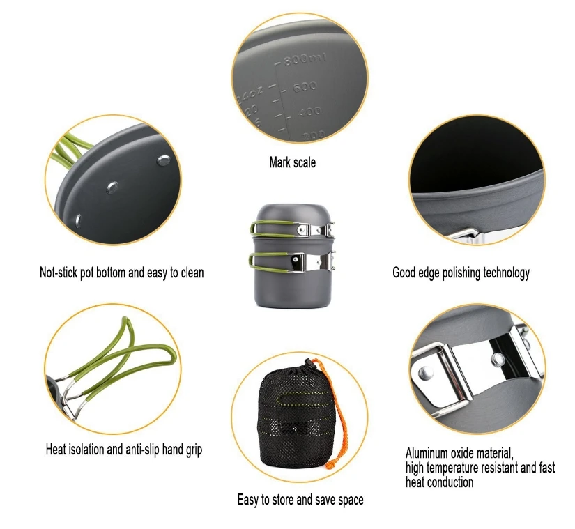 Portable Camp Stove with Lightweight Pots and Pans Set Non-Stick Backpacking Camping Cookware Set