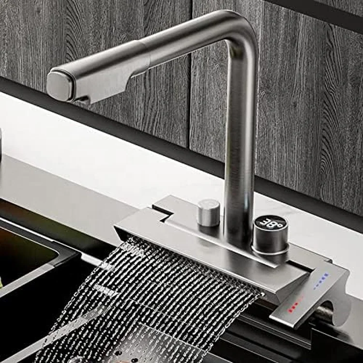 Hot Selling Nano Black 304 Stainless Steel Handmade Kitchen Sink Waterfall Pull Out Kitchen Faucet