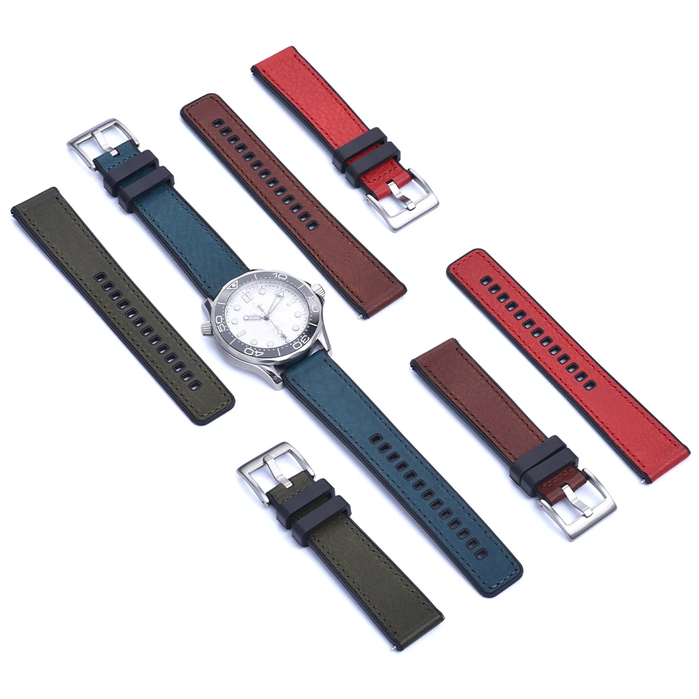 JUELONG Huatons Genuine Leather Hybrid Rubber Watch Bands 20mm 22mmm 24mm Quick Release Sailcloth Rubber Silicone Watch Strap