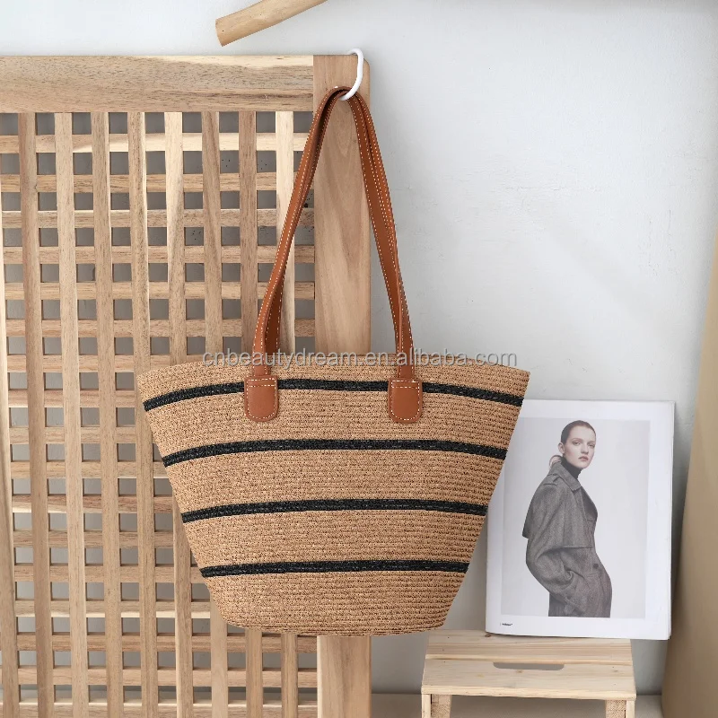 Handmade Black Crocheted Paper Straw Tote Handbag Fashion Shoulder Bag Wooden Handles Top Open Snap Closure Cotton Lining Pocket
