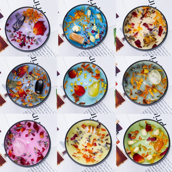 High Quality Low MOQ Fragrance Aromatherapy Spiritual Healing  Home Fragrance Gift Dried Flower Crystal Tin Scented Candles