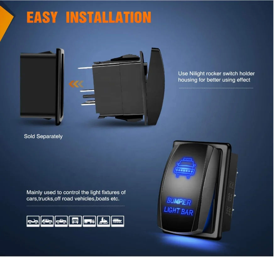 WattBons Bumper Light Bar Marine Rocker Switch Led light Bar 5 Pin Laser On/Off Switch 20A/12V 10A/24V Switch jumper wires set