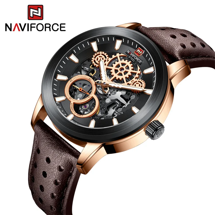 NAVIFORCE S1002 RGB Luxury Genuine Leather Watches for Men Fashion Automatic Mechanical Sport wrist watches with 100M waterproof