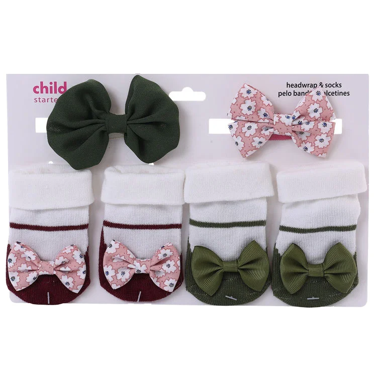 Хлопковые носки для новорожденных девочек 0-12 м с цветочным принтом повязкой на голову и бантом сетчатые детские
