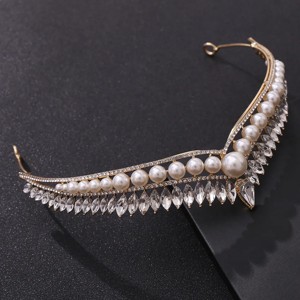 Wedding Pearl Crystal Head Crown Gold Earring Tiaras Rhinestone Headpiece Bridal Halloween Sparkly Party Hair Accessories