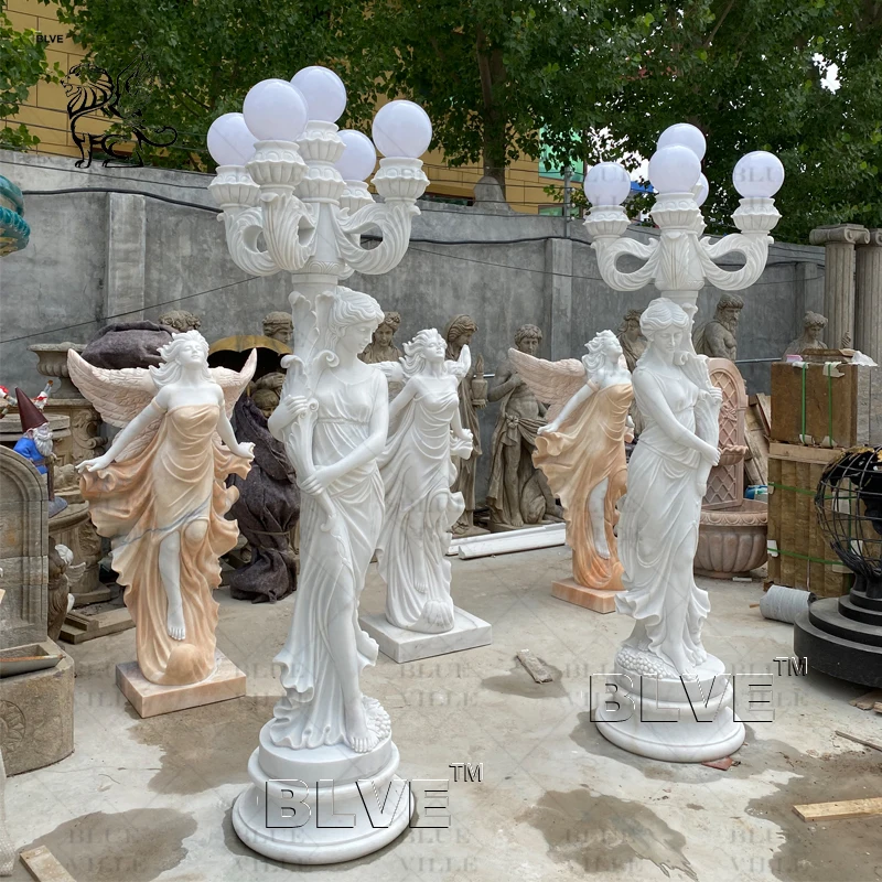 BLVE Modern Home Decor Garden Figure Lamp Statue Handmade Stone Carvings White Marble Woman Lamp Sculpture