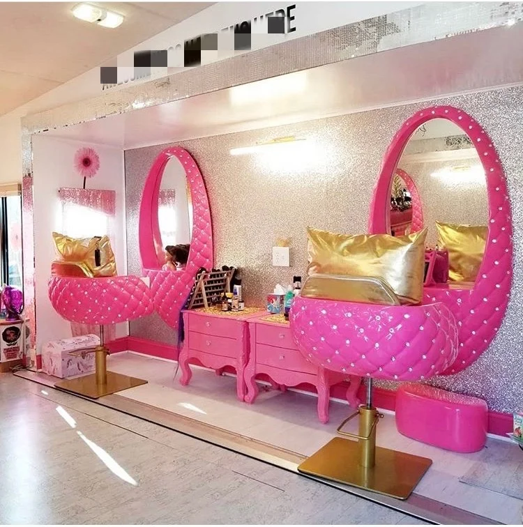 Ярко-розовые волосы салонного стиля станции с украшением в виде кристаллов дизайн Парикмахерское зеркало станции стекловолокна зеркала