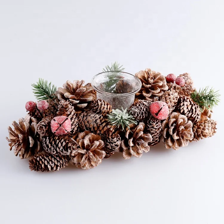 Christmas Candle Holder Single Pinecone with Snowing Powder for Table Decoration set