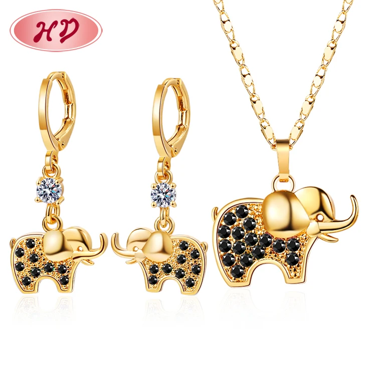 top best selling elephant cute jewellery earring and necklace set for woman cubic zirconia jewelri set 18k gold plated on brass