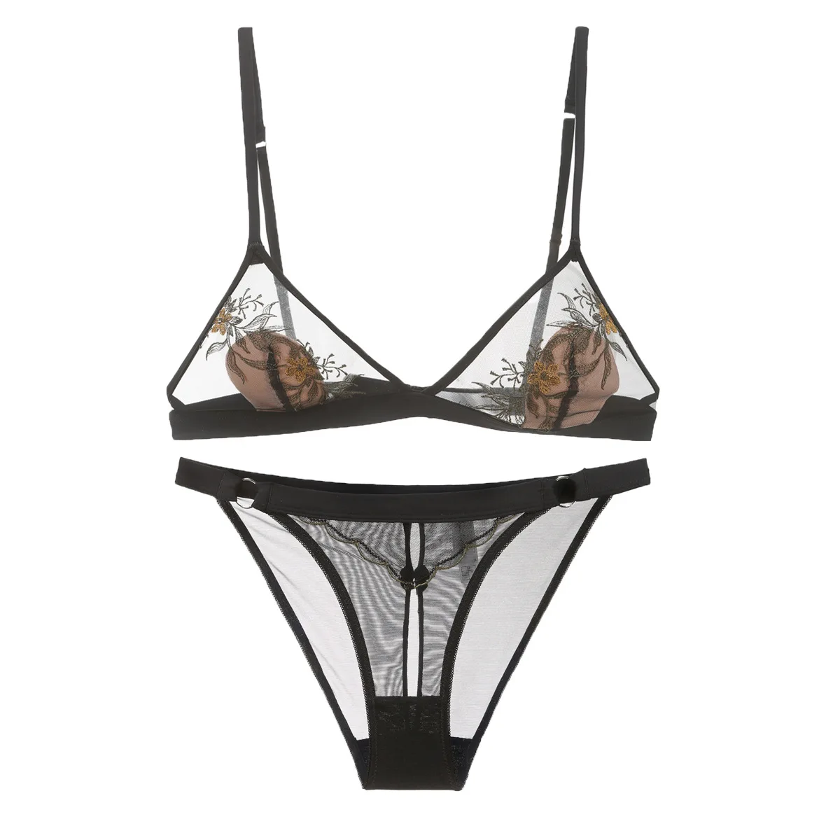 New French Embroidered Triangle Cup Bra Sets No Steel Ring Ladies Sexy See Through Bra and Panties Set