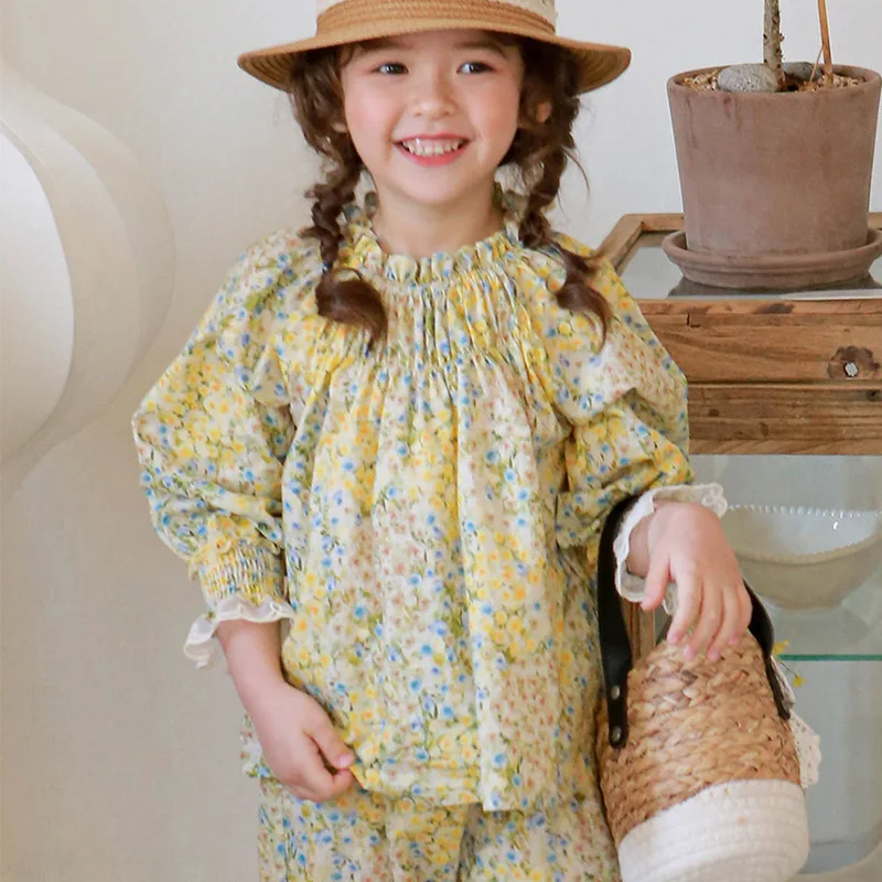 2024 New  Boutique Spring Autumn Kids Blouses Long Sleeve Flower Floral Print Princess  Baby Girl Shirt