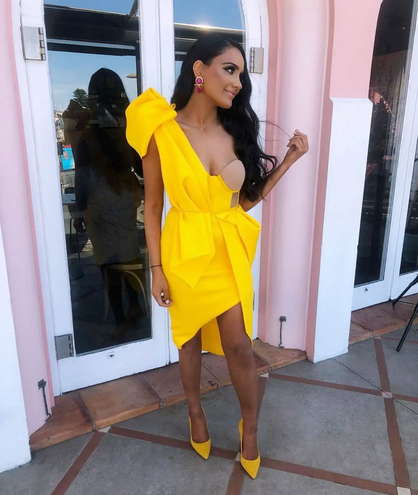
New 2020 White Yellow One Shoulder Design dress Women Lady Elegant Bow Bodycon Club Dresses 