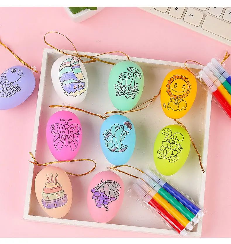 Easter Eggs Ornaments Bulk Decoration For Craft White Hanging Plastic Artificial Eggs With Rope For Tree Diy Painting Decorating