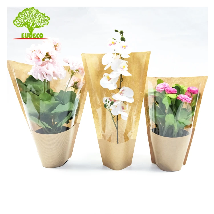 FSC Certified Printed 3 Pieces Herb Kraft Paper Bopp Material Planter Pot Cover Flower Sleeves