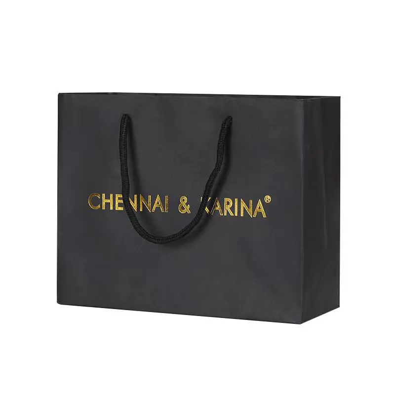 custom New gold logo hot foiled stamped black matte paper bag with rope handles for package