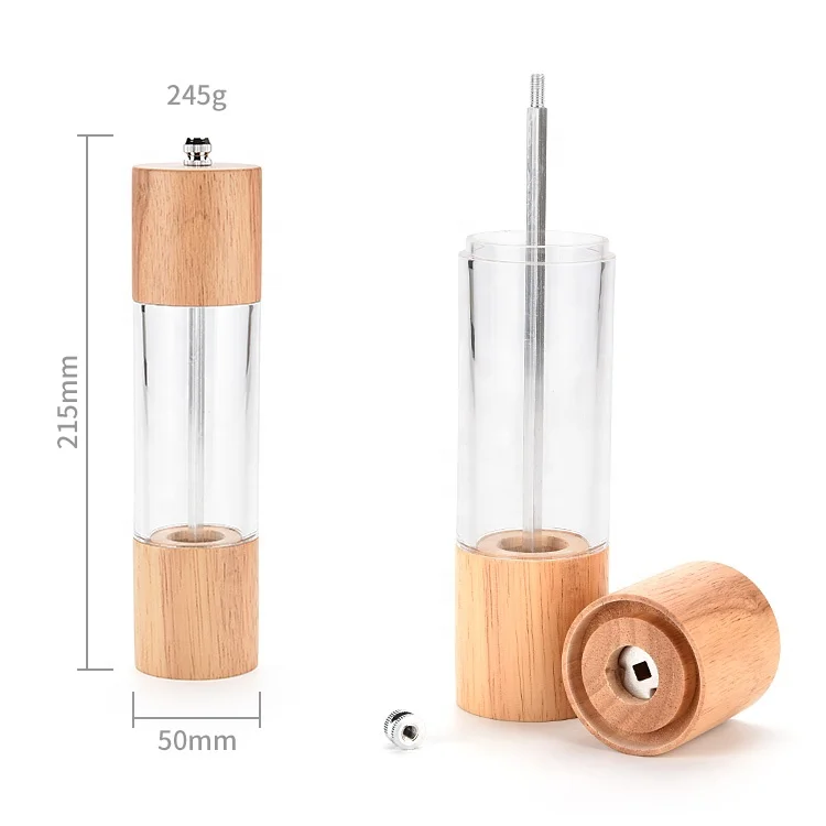 professional wood and food grade acrylic salt and pepper mills sets with Visible Window High-Capacity and Adjustable Coarseness