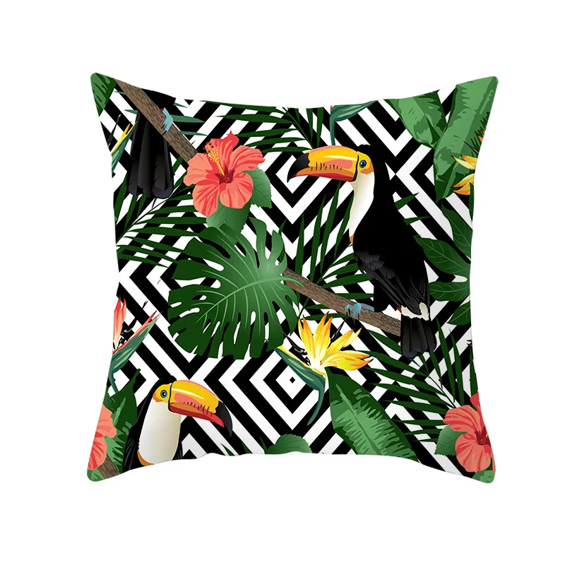 
Fancy Tropical Flowers And Birds Geometric Stripes Cushion Cover, Wholesale Digital Printed Fabric Throw Pillow Case/ 