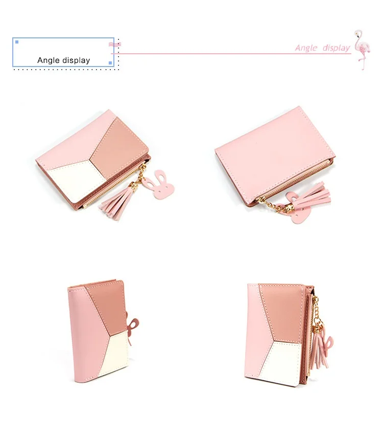 2020 New Large Capacity Women short Wallet with Wristband, Patchwork Synthetic Leather Zipper Wallet Phone Case for Women