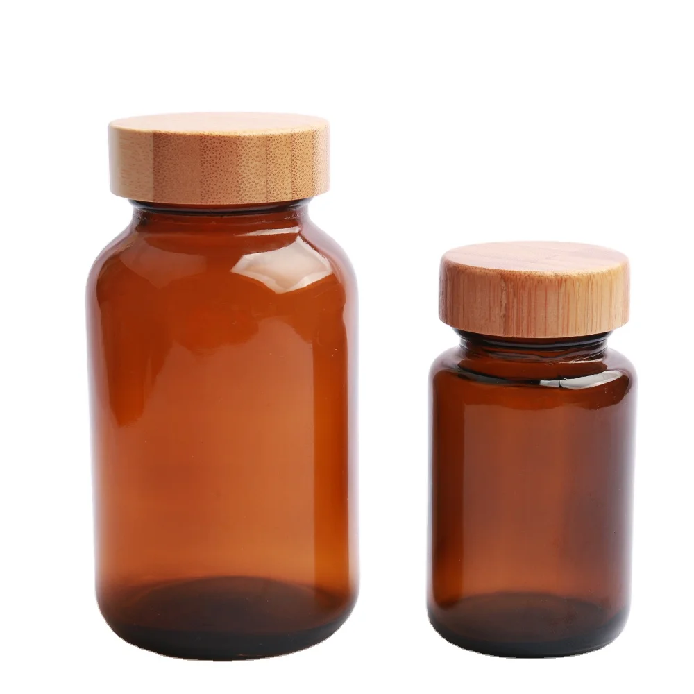 60ml 100ml 120ml Amber Glass Capsules Bottle Bamboo Lid 75 ml Bottle Pharmacie Capsule Packaging Bottles For Capsule