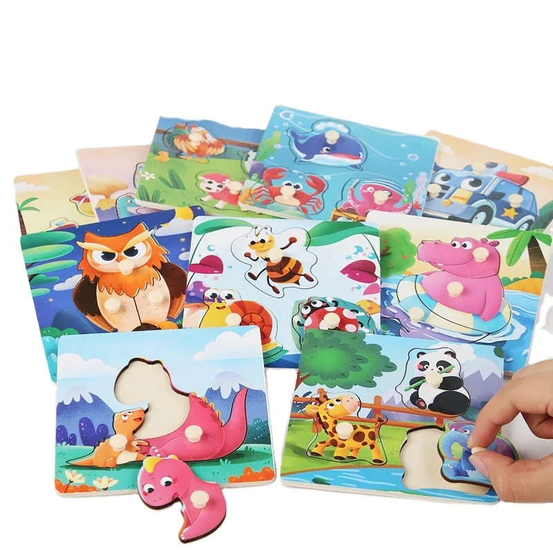 2024 Montessori Wooden Puzzles Hand Grab Boards Toys Jigsaw Baby  Cartoon Vehicle Animals 3D Puzzles education toys for kids