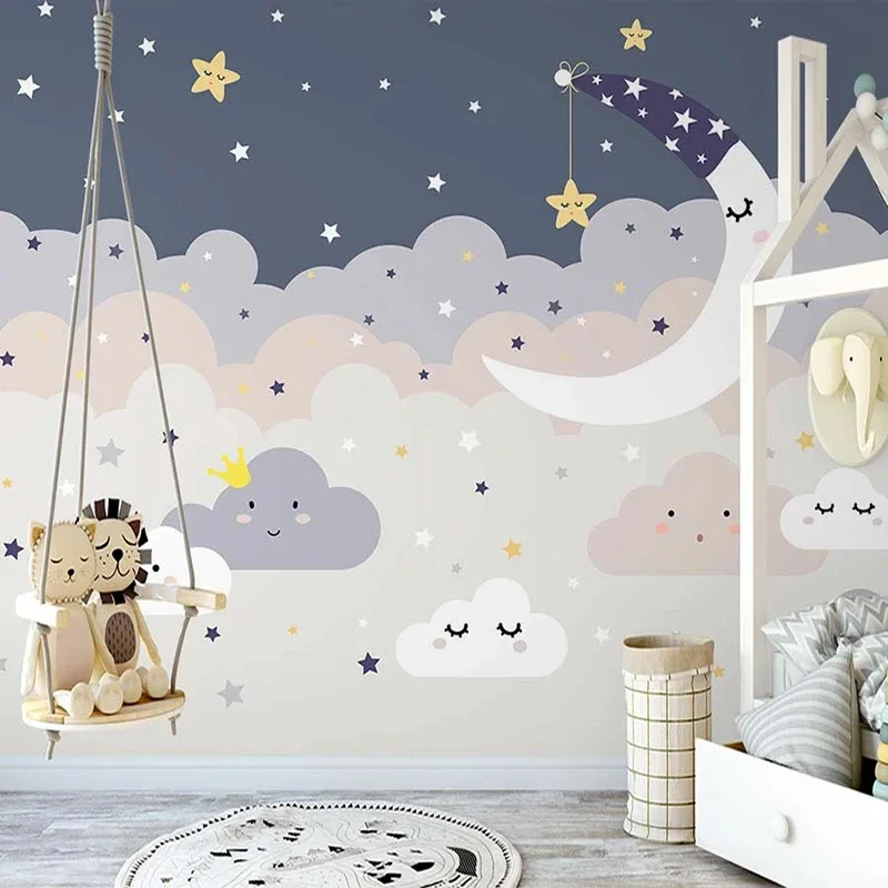 Custom Mural 3D Hand Painted Starry Sky Clouds Moon Stars Cartoon Children Room Princess Room Bedroom Photo Wallpaper Kids Room