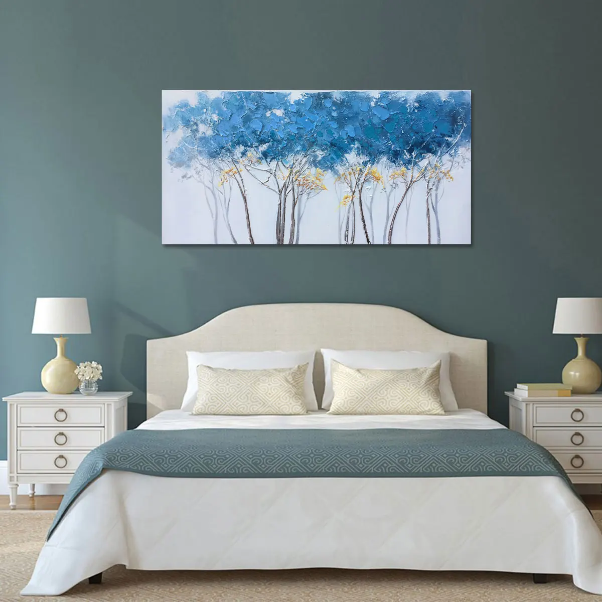 Original Art Factory Wholesale Modern Blue Tree Canvas Wall Art Design for Home Wall Decor