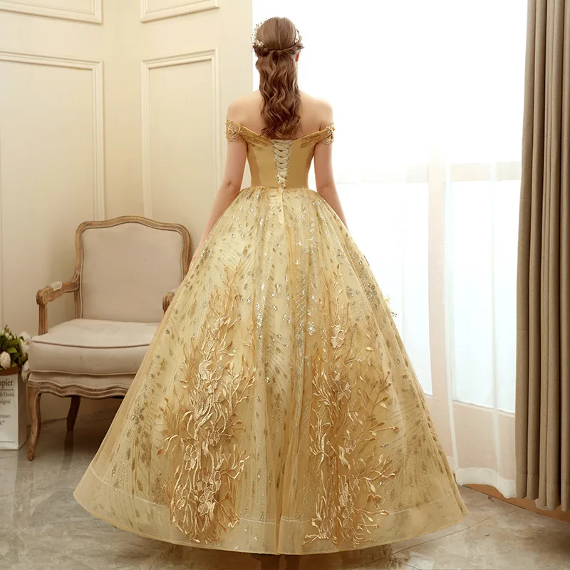 Flower Embroidered Banquet Shiny Sequins Plus Size Evening Gowns Long Dress Off Shoulder Gold Wedding Dresses Ball Gown