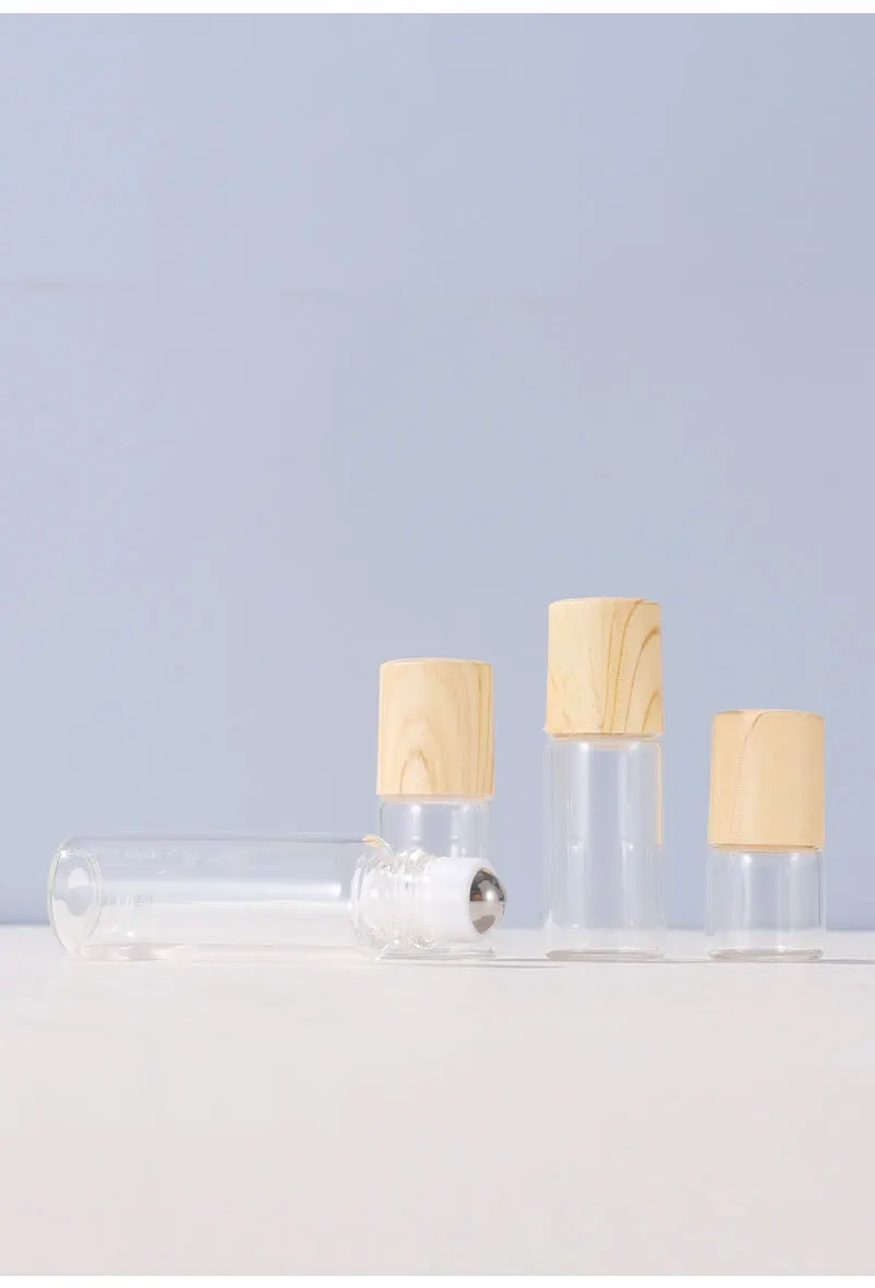 1ml2ml3ml5ml bottle suitable for essential oils natural clear glass roller bottles wood caps, thick glass bottle