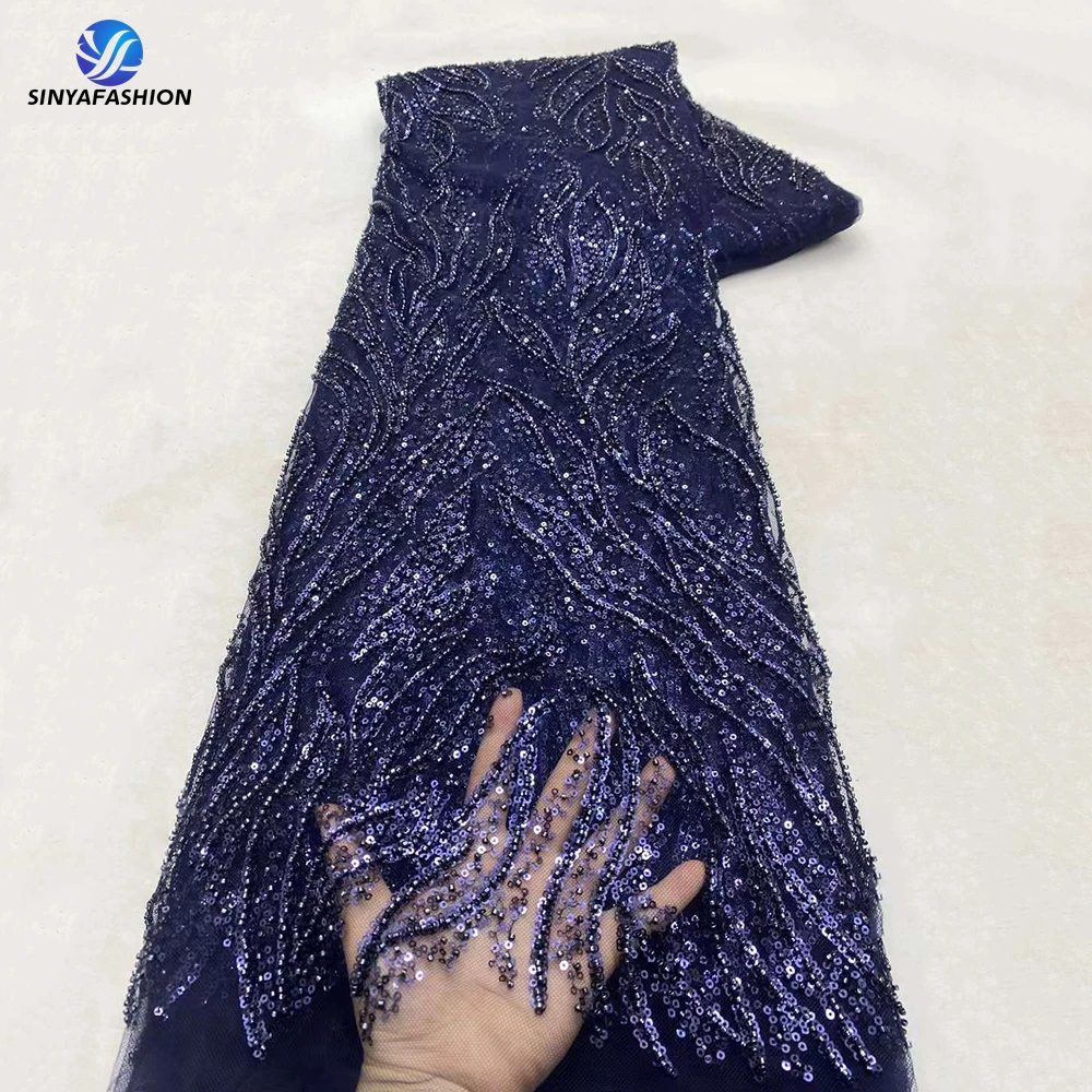 Sinya African Lace Fabric 5 Yards High Quality Polyester Embroidered Tulle Sequins Luxury Beaded Lace Fabric For Wedding
