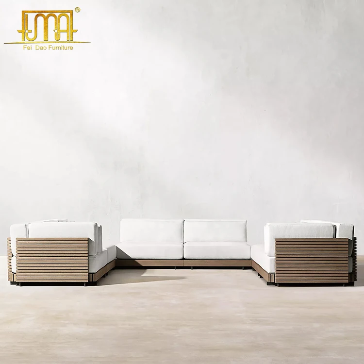 Factory Custom High End Fabric Cushion All Weather Outdoor Large Teak Wooden Garden Sofa